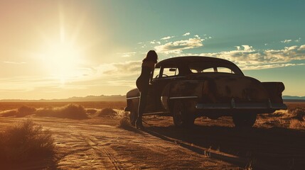 Fototapeta premium Solitary Wanderlust Silhouetted Figure Leaning Against Vintage Car in Desert Landscape