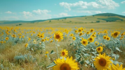Obraz premium Vibrant sunflower field under a bright blue sky with distant rolling hills and fluffy white clouds.