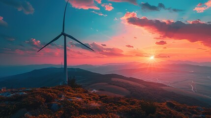 Close-up of a wind turbine with a sunset background, copy space