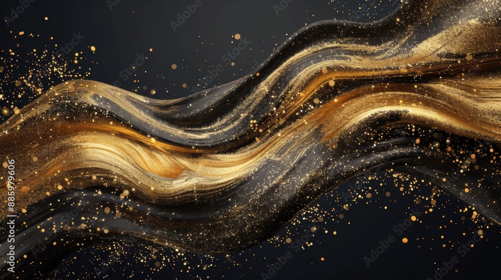 Poster abstract art with flowing black and gold waves, accentuated by shimmering particles, creating an ele