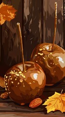 Delicious caramel apples with autumn leaves and nuts on wooden background, perfect for fall and seasonal themes.