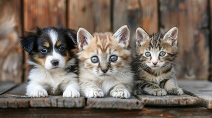Cute puppy and kittens sitting together on a wooden surface, showcasing their adorable faces and curious expressions.