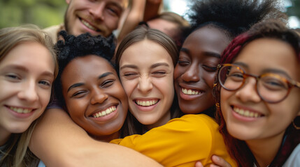 Diverse Group of Friends Smiling and Embracing Outdoors on Sunny Day