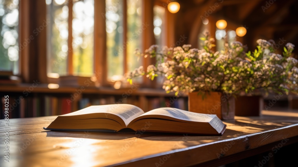 Poster an open book on a wooden table in a sunlit library, creating a warm and inviting reading atmosphere.