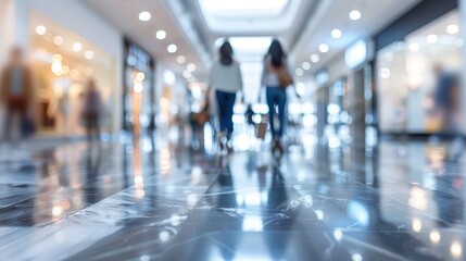 Blurred shoppers walking in a bright, modern shopping mall, showcasing a busy and bustling retail environment.