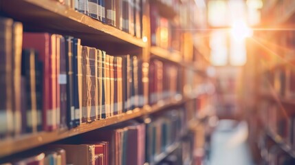 Sunlight streaming through a library aisle filled with bookshelves, creating a warm and inviting reading environment.