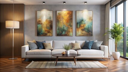 Sleek modern living space featuring three abstract art pieces on wall above two crisp white throw pillows on hardwood floor.