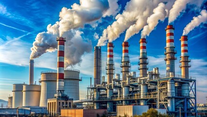 Massive industrial smokestacks with scrubbers and electrostatic precipitators reduce hazardous emissions into the clear blue atmosphere.