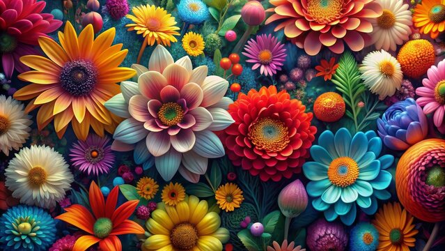 Vibrant colorful flowers bloom beautifully on a clean, smooth, ultra-clear 4k resolution 3d wallpaper background, showcasing intricate petals and details.