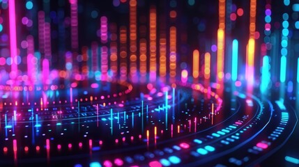 Obraz premium Vibrant digital landscape with neon lights and data visualization, representing modern technology, AI, and data analytics in a futuristic style.