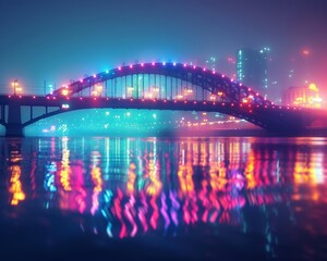 Fototapeta premium The colorful bridge in night with reflection on water.