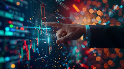 Businessman's finger analyzes financial digital data on a visual screen dashboard for financial planning technology concepts of market research and stock market. AI generated