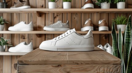 Single white sneaker showcased on a wooden table with a background of shoe shelves in a stylish store.