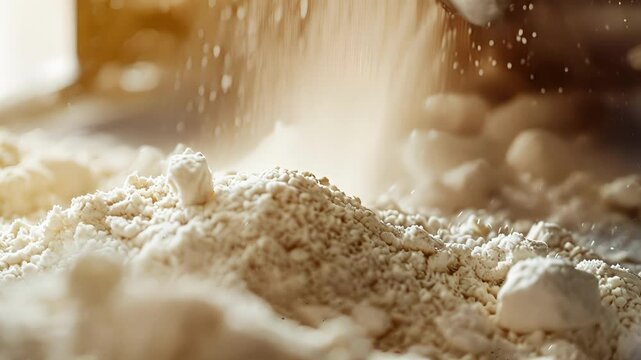 Finally we see a closeup of the flour output of an electric grain mill with a perfectly formed mound of fine flour pouring out of the grinding mechanisms. The fluffy texture and uniform