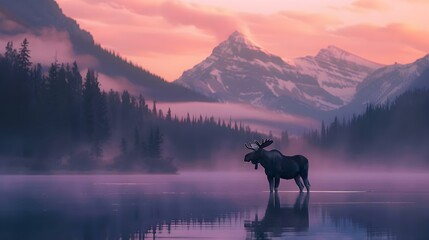 Majestic moose standing by a mountain lake at dusk