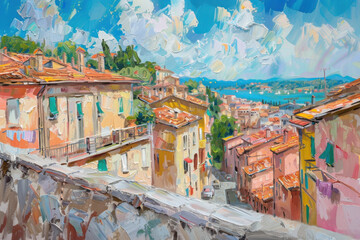 Panorama of Italian summer cityscape. Oil painting