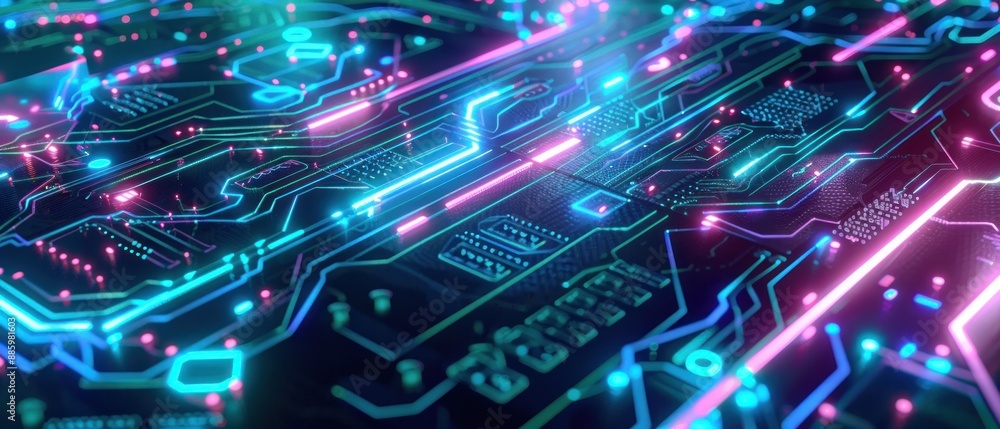 Poster circuit board with neon glowing lights and technological patterns