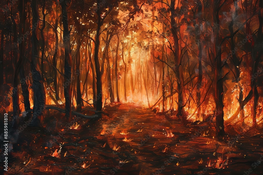 Aufkleber raging wildfire is consuming a dense forest, engulfing the trees in flames and creating a scene of d