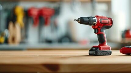 Red cordless power drill on a wooden workbench in a workshop, with tools in the background, perfect for DIY and home improvement projects.