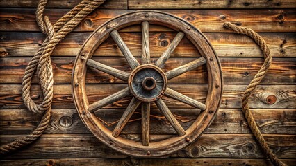 Rustic, distressed, ancient wooden cart wheel isolated on weathered wooden planks, surrounded by faded rustic ropes and old nails.