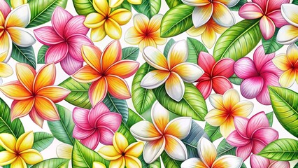 Vibrant seamless pattern featuring illustration of exotic Hawaiian plumeria flowers in various stages of bloom on a white background.