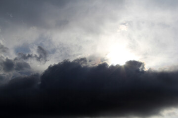 Sun partially hidden behind a dark cloud in a dramatic sky