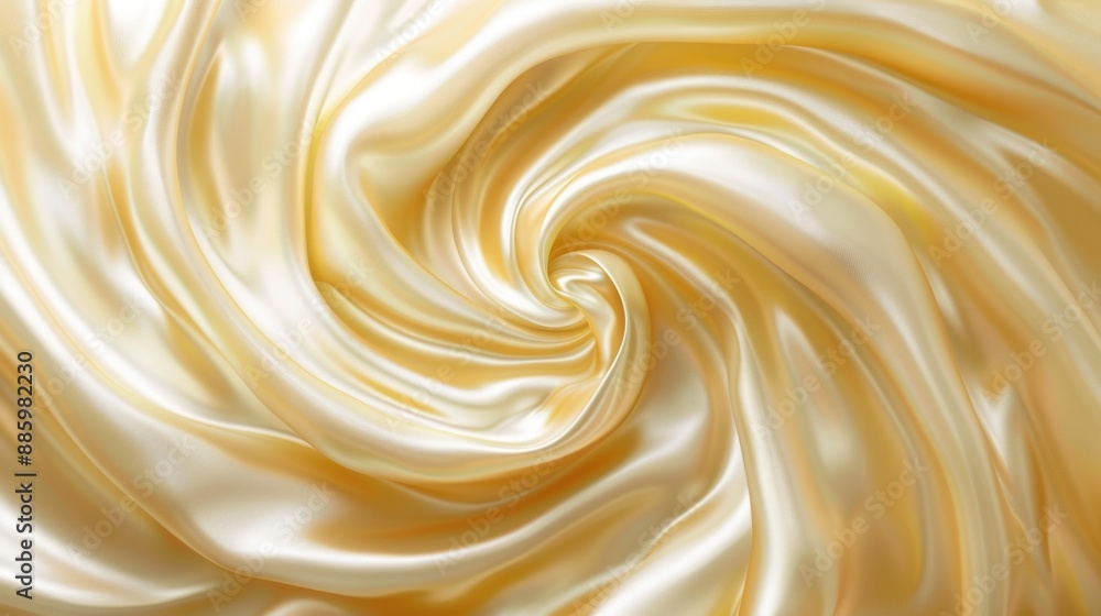 Poster close-up view of swirling golden silk fabric with luxurious texture and shiny surface, creating a me