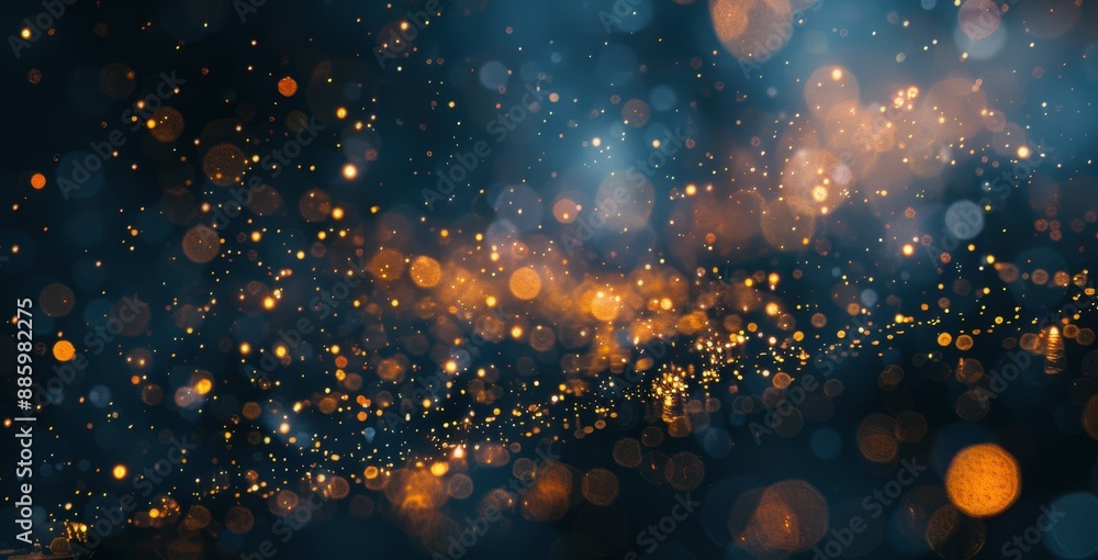 Poster abstract pattern of golden and blue bokeh lights floating in a dark, starry background, evoking a se