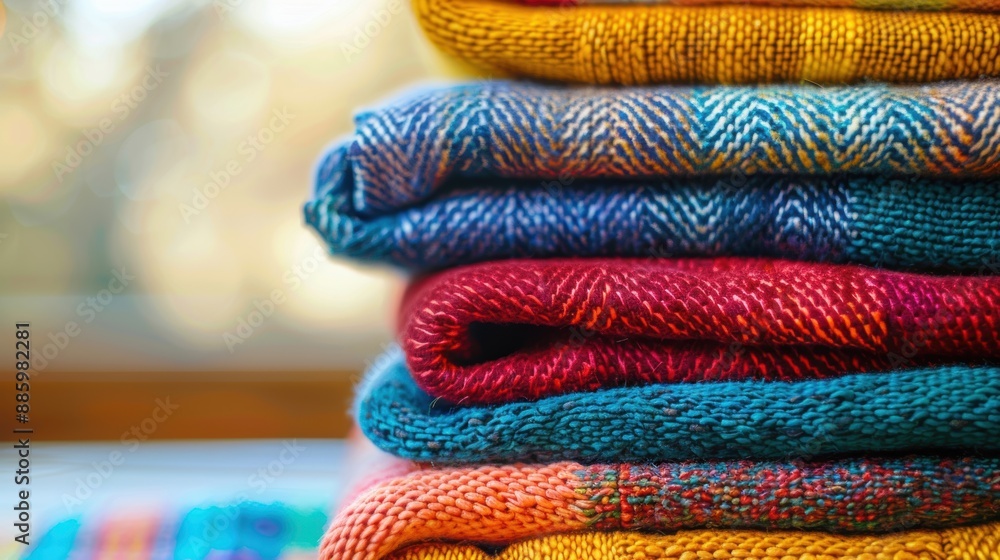 Poster a neatly stacked pile of vibrant knit sweaters in various colors and patterns, showcasing texture an