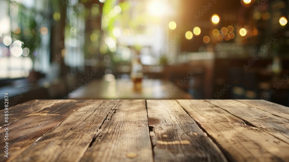 Poster sunlit cafe interior with a rustic wooden table in the foreground, creating a warm and inviting atmo