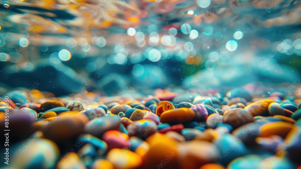 Poster vibrant pebbles beneath clear water, highlighted with a mesmerizing bokeh effect, creating a colorfu