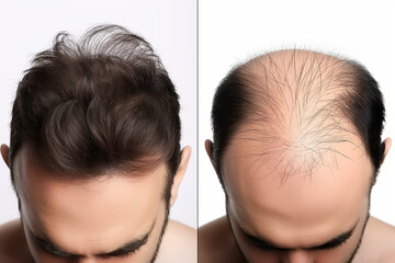 front view closeup of man's head before and after comparison result of hair loss procedure treatment transplant, bald falling thinning problem to re-growth thicker healthy hair, trichologist concept