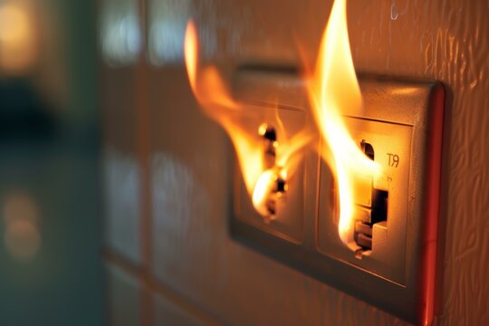 Electrical outlet is catching fire and burning with yellow and orange flames