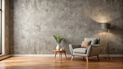 Warm toned concrete wall living room with a gray armchair on wooden flooring, concrete wall