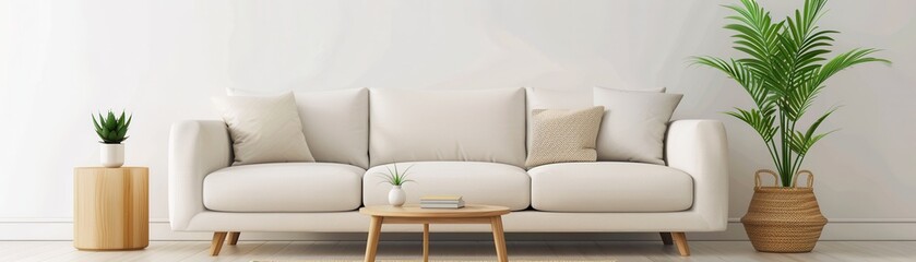 Modern living room interior with white sofa and plants.