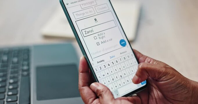 Phone screen, hands and application for holiday location, online booking and travel website with flight itinerary package. Person, mobile and check car rental, hotel hospitality and adventure ticket