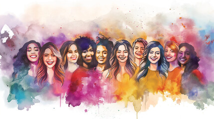 Watercolor Portrait of Smiling Women With Diverse Hairstyles and Skin Tones