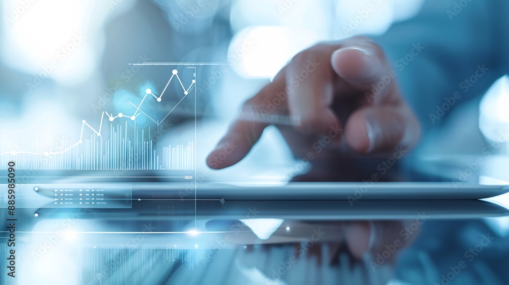 Poster close-up of a financial advisor's hand pointing at a graph on a tablet, symbolizing wealth managemen