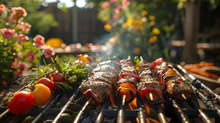 A summer family dinner scene with an outdoor barbecue, sizzling meats, and vibrant vegetables on a smoky grill