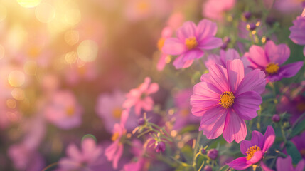 Obraz premium Pink Cosmos Flowers Blooming in the Afternoon Sun