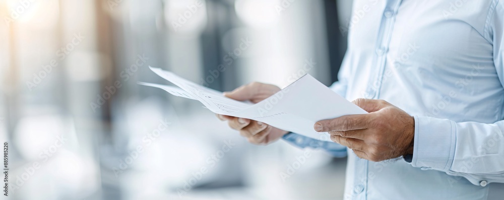 Poster a financial advisor holding a report and explaining it to a client, focusing on close-up details wit