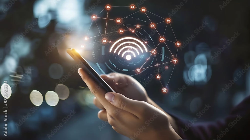 Poster woman's hand holding a smart phone with wifi internet signal network access for modern social networ