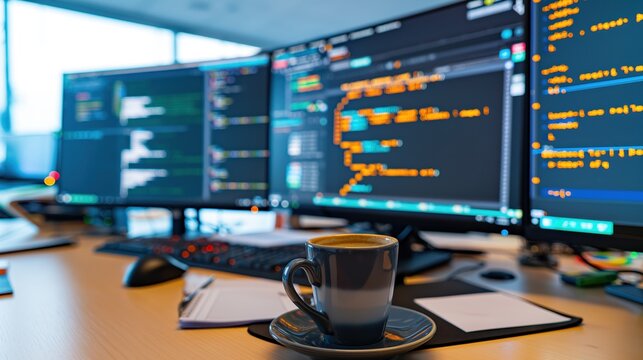 A tired programmer with a coffee cup and multiple monitors displaying different projects, a modern tech office