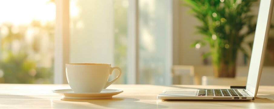 Coder with coffee, vibrant office setting, morning hustle