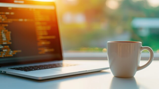 Programmer coding on a sunny day, computer screen and coffee cup, flat design illustration