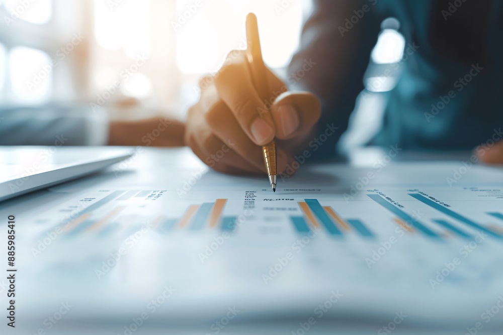 Poster a financial advisor's hand pointing to a chart on a paper, focusing on strategic planning and wealth
