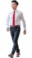 full body photo of a young vietnamese businessman wearing white shirt red tie, smiling, looking to the left walking towards camera