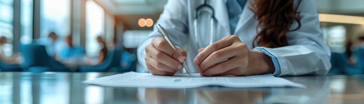 Close-up of a doctor writing a prescription in a hospital, showcasing medical professionalism and attention to patient care in a clinical setting.