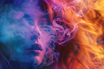 Obraz premium Colorful smoke swirls around lips, creating a dreamy, ethereal effect. Blue and purple blend into fiery orange.
