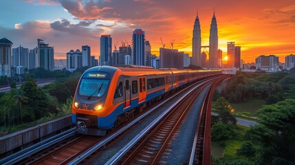 Fototapeta premium Elevated Train with City Skyline at Sunset. Elevated train traveling with a backdrop of city skyline at sunset, highlighting urban transportation and beautiful scenery.
